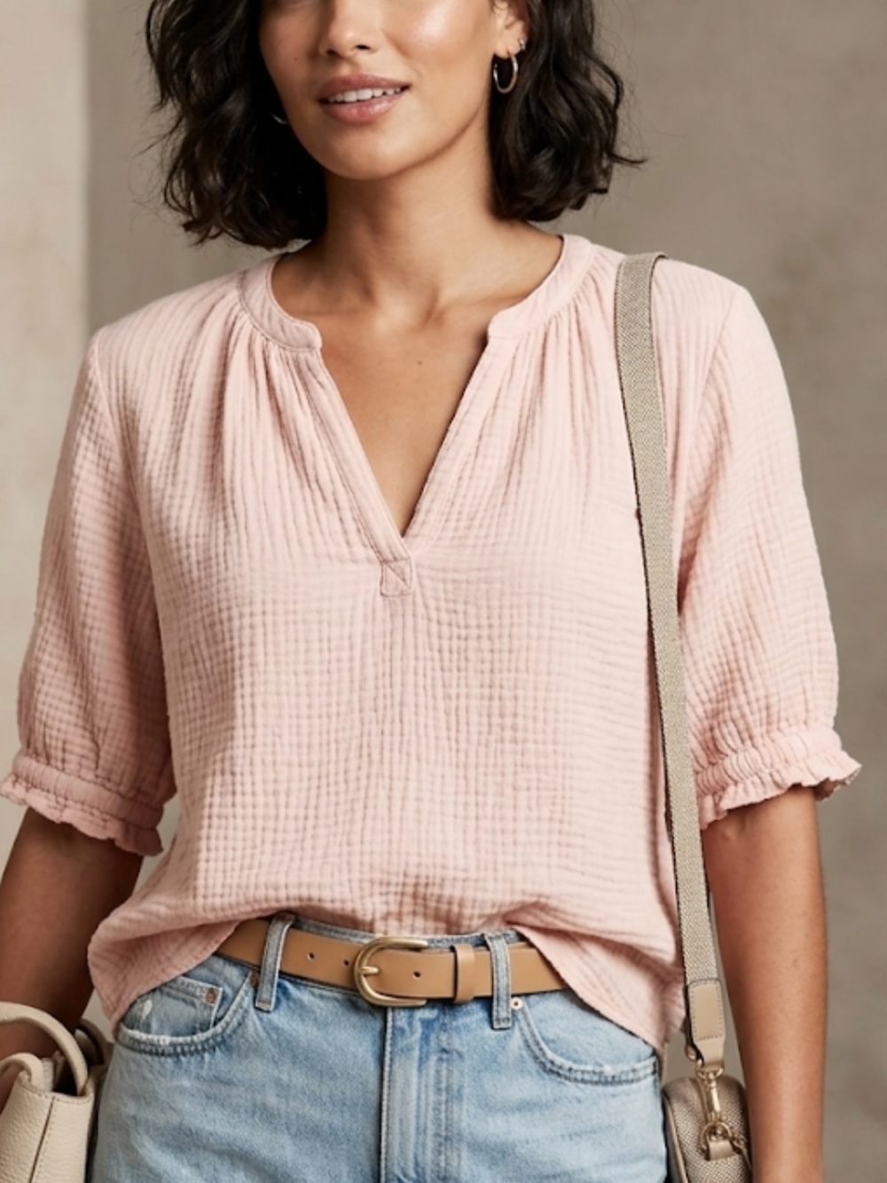 100% cotton double Gauze V-Neck short sleeve pullover Top blouse S